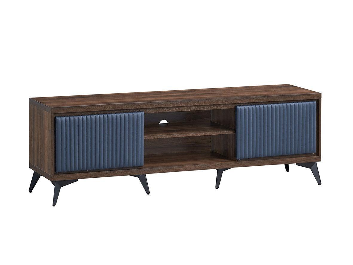 Modern wooden TV unit with blue fluted doors and open shelving, ideal for living rooms