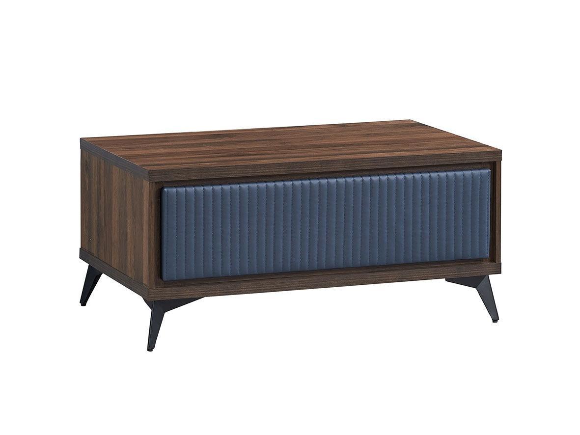 A brown Mernda coffee table with a blue grid design on the drawer, made from particle board, with metal legs.
