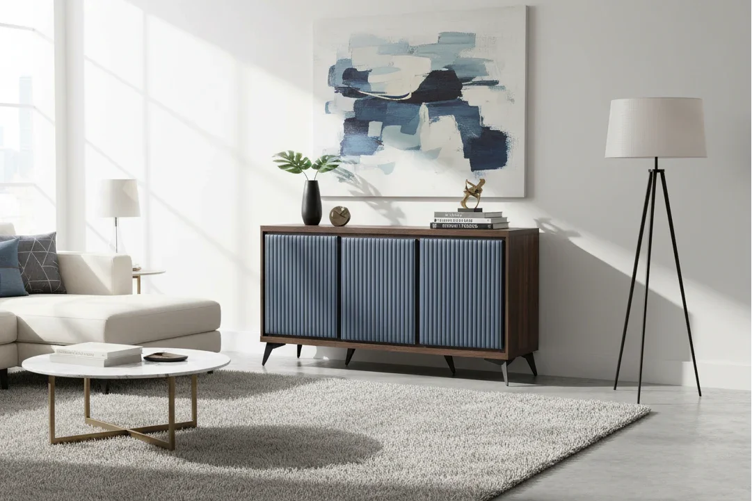 Modern living room with a sofa, coffee table, and decorative items.