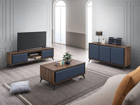Modern living room with wooden and blue furniture set including TV unit, coffee table and sideboard.