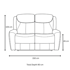 Milano 2 Seater Recliner Lounge dimension diagram showing 150 cm length, 90 cm depth, 45 cm seat height and 105 cm overall height