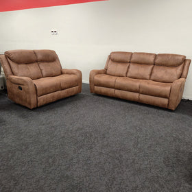 Milano 3+2 Brown Recliner Package - the 3 seater and 2 seater in brown, shown together on display in The A2Z Furniture showroom