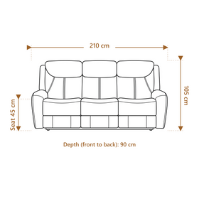 Milano 3 seater fabric recliner dimension diagram showing 210 cm length, 90 cm depth and 105 cm overall height with a 45 cm seat height