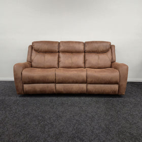 Milano 3 Seater Recliner Lounge in brown fabric, front view of the three seat cushions and pillow-top headrests, on display in The A2Z Furniture showroom
