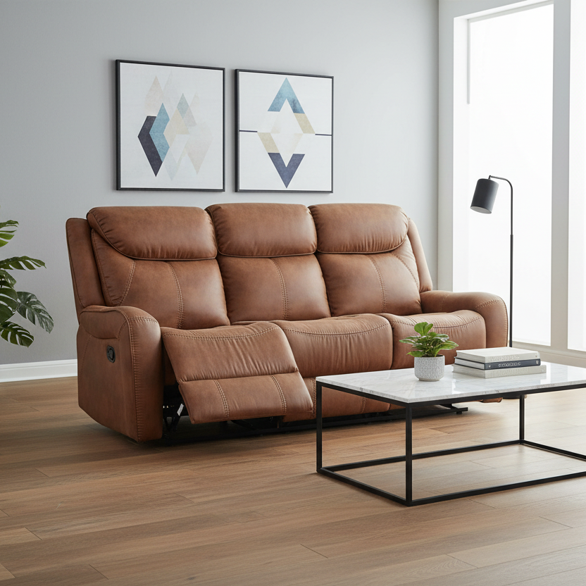 Brown fabric sofa in a modern living room with a coffee table and decorative items.