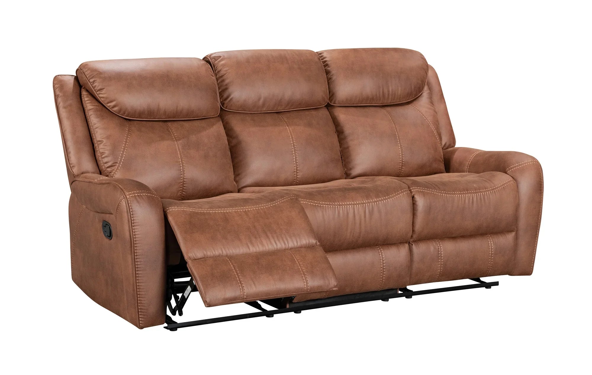 Brown leather sofa with reclining feature on a white background