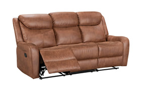 Brown leather sofa with reclining feature on a white background