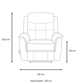Milano Rocker Recliner Chair dimension diagram showing 90 cm length, 90 cm depth, 45 cm seat height and 105 cm overall height