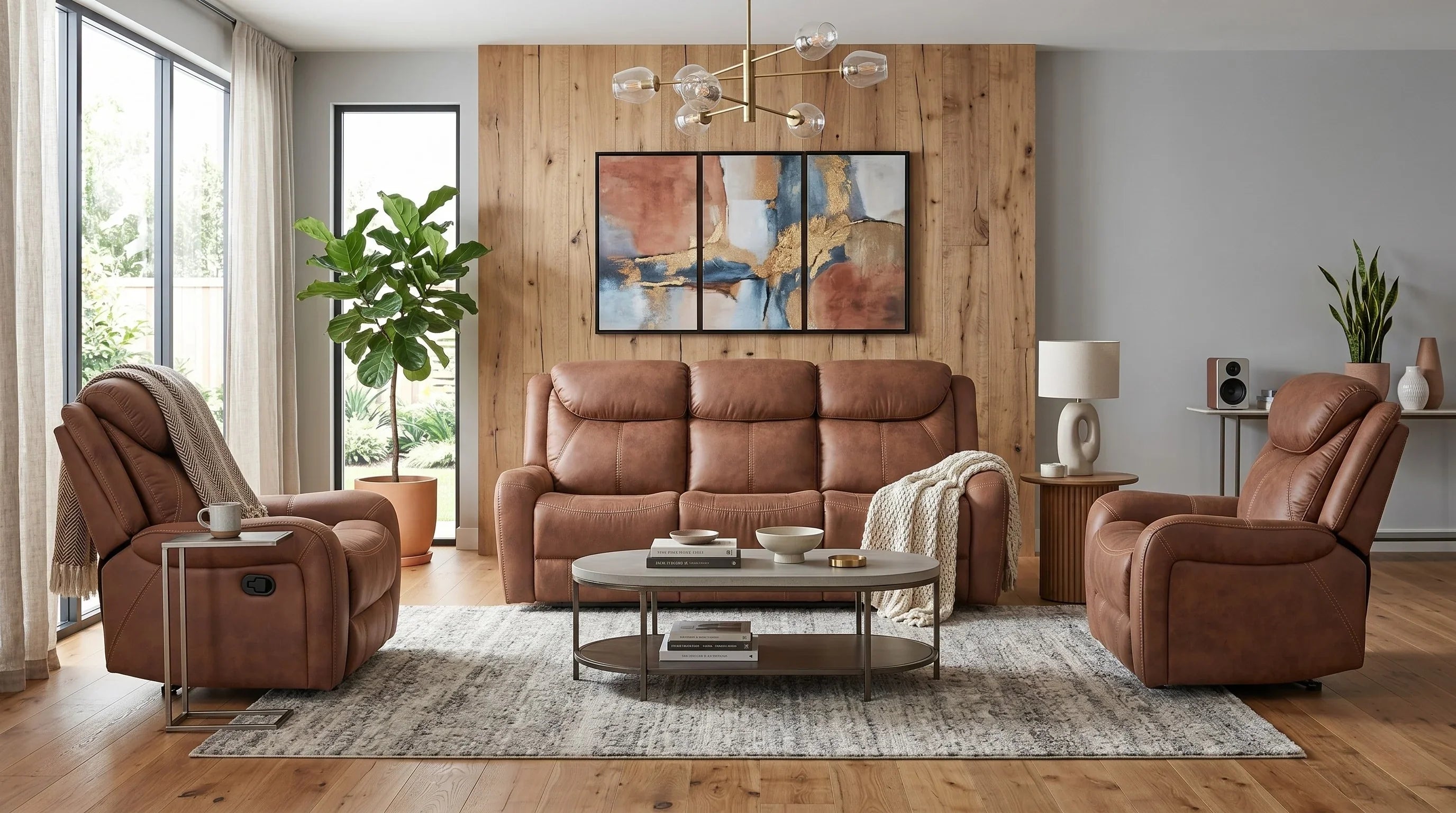 Brown fabric sofa set in a modern living room with wooden walls and decor.
