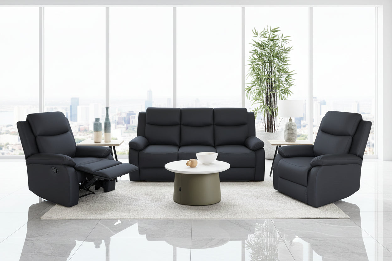Modern black recliner lounge suite with coffee table in bright living room with city view