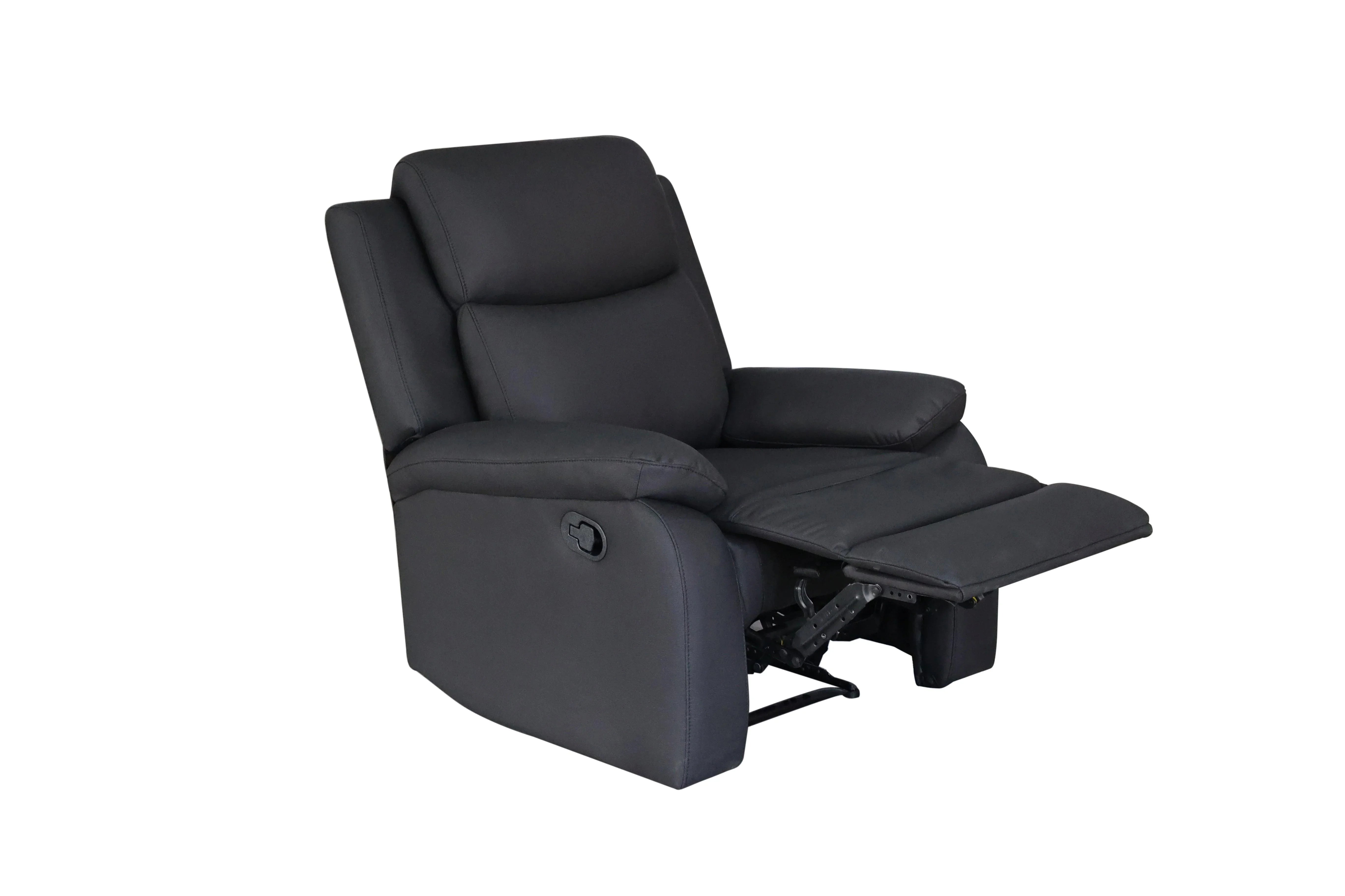 Black fabric recliner armchair with extended footrest, modern lounge furniture