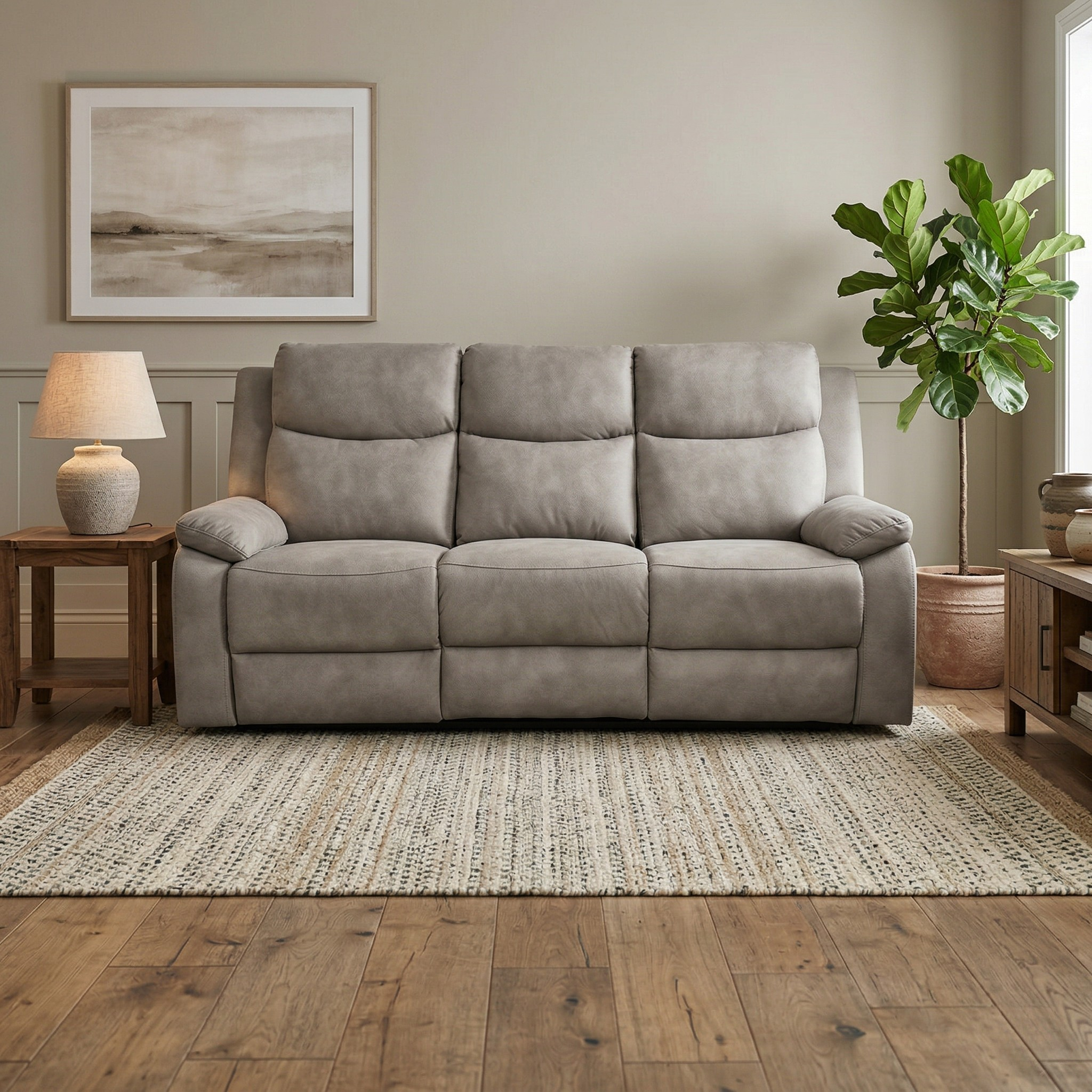 Mitcham 3 Seater Recliner Lounge in light grey with plush cushions and armrests, placed in a cozy living room setting with wooden furniture, a lamp, artwork, and a potted plant.
