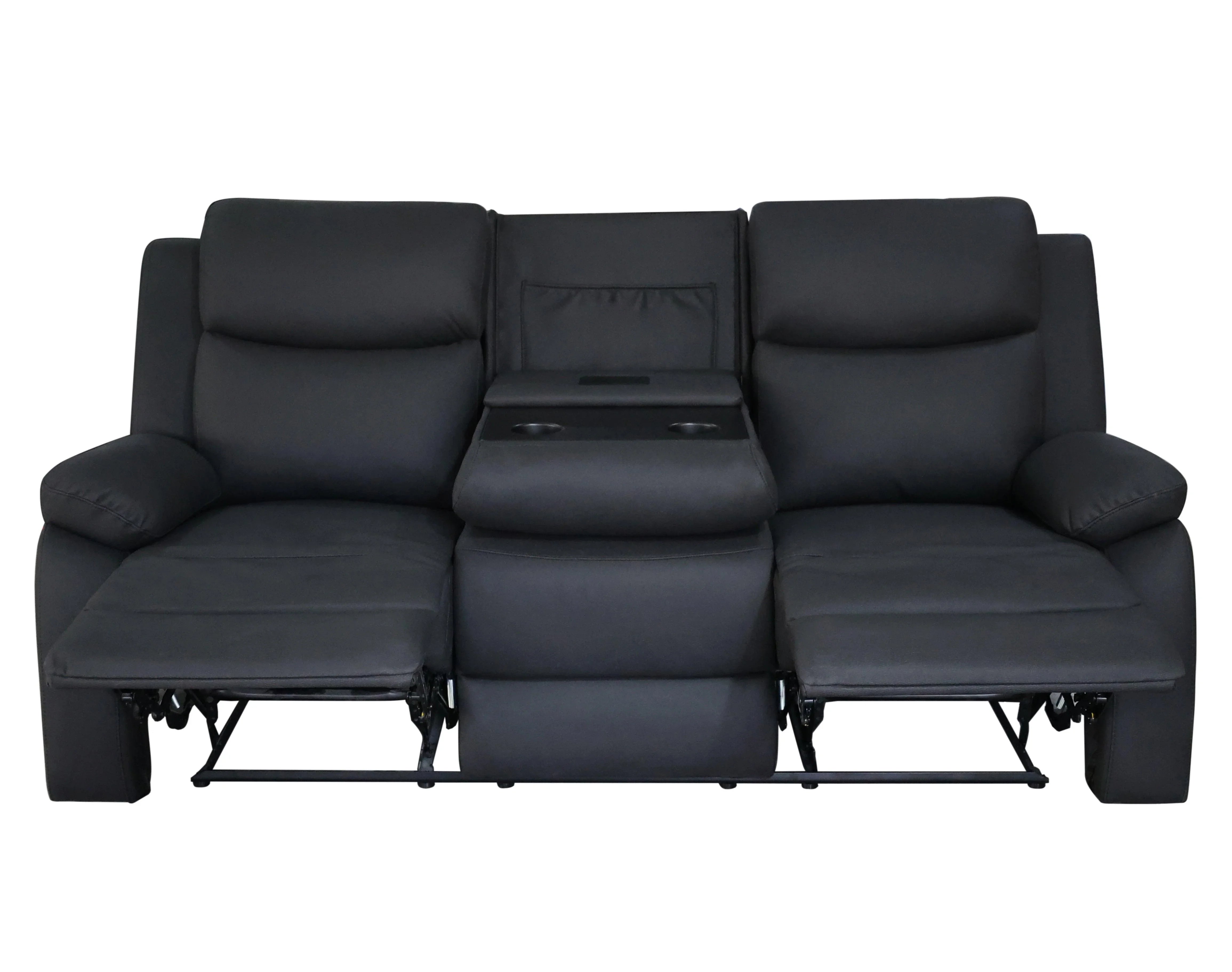 Black three-seater recliner sofa with cup holders and reclining footrests