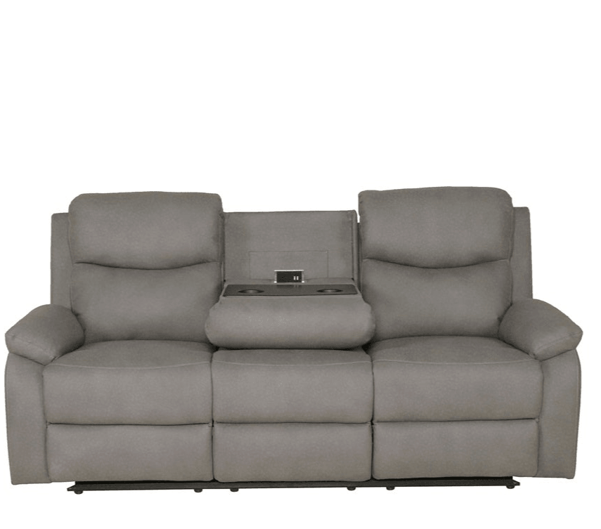 Grey reclining 3-seater lounge with cup holders and built-in USB charging port