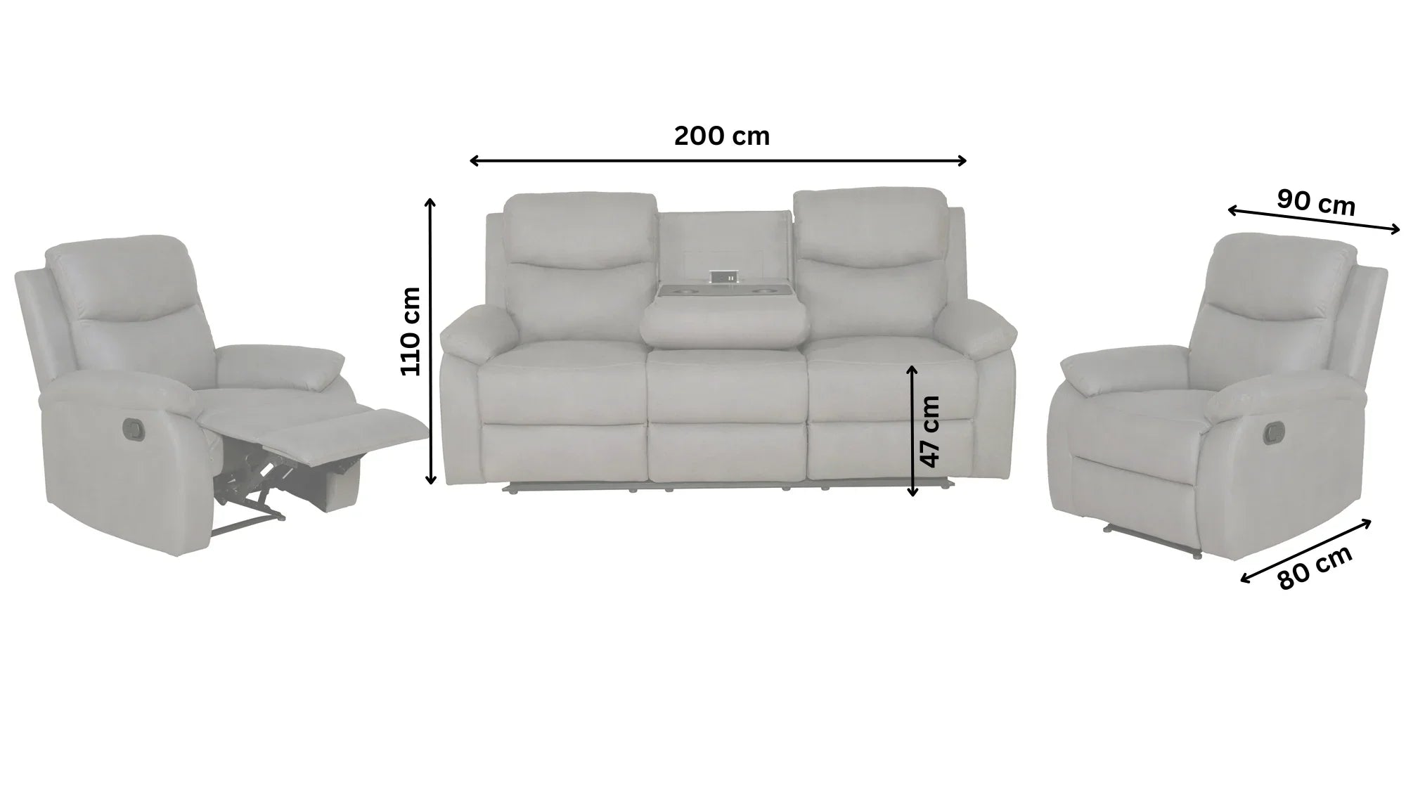 Grey recliner lounge set with sofa and armchairs, showing measurements in centimeters