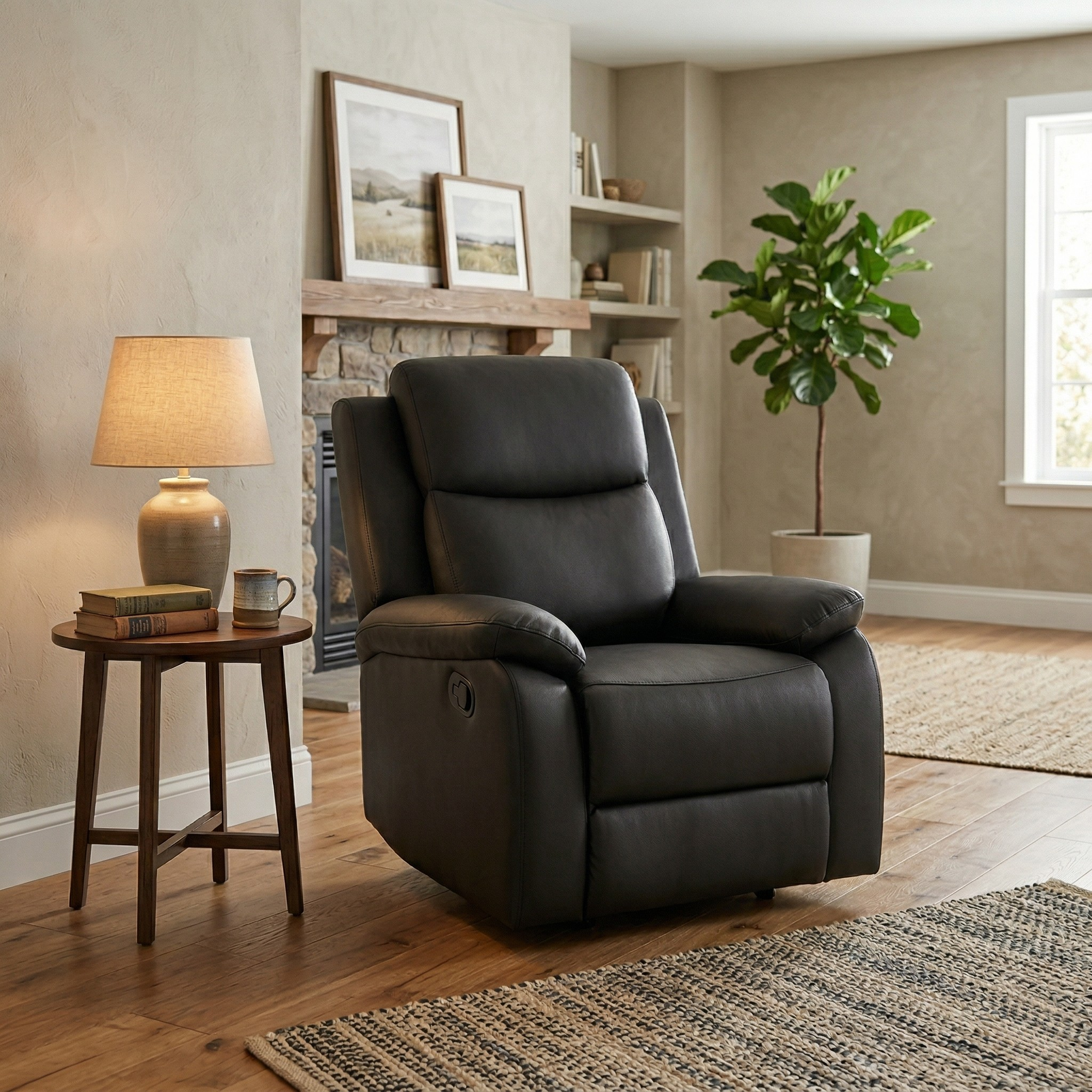 Mitcham Recliner Chair in black leather positioned in a cozy living room setting with a wooden side table holding a lamp and books, near a stone fireplace and a large green plant.