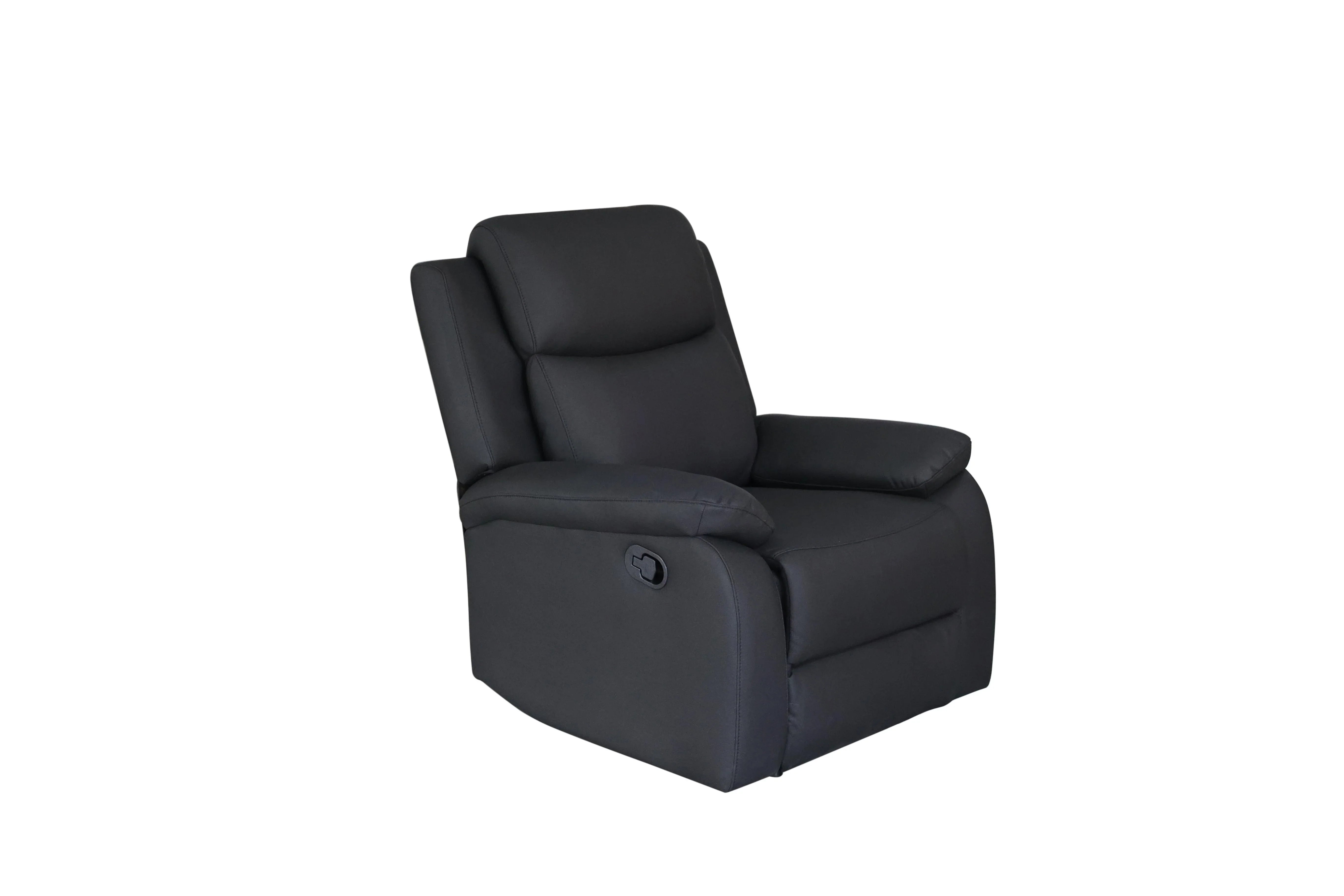 Black fabric recliner armchair with padded seat and backrest, modern lounge furniture