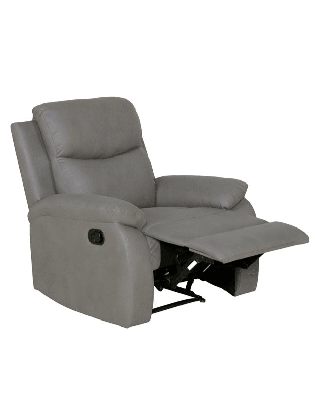 Grey fabric recliner armchair with padded seat and extended footrest, lounge furniture