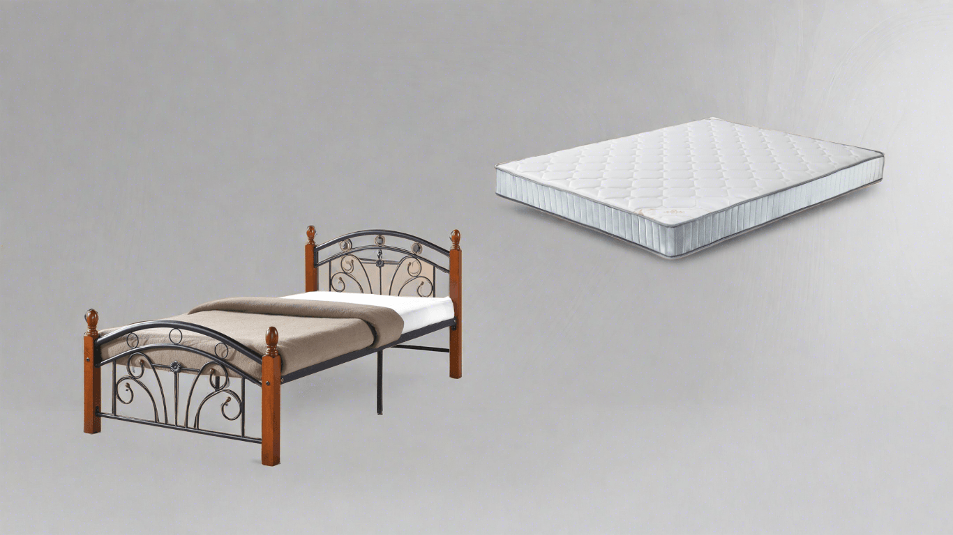 Single metal and wood bed frame with included white mattress on a plain background