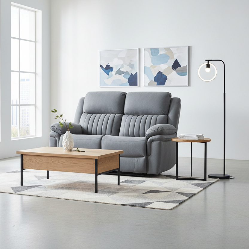 Gray sofa in a modern living room with a wooden coffee table and abstract art on the wall.