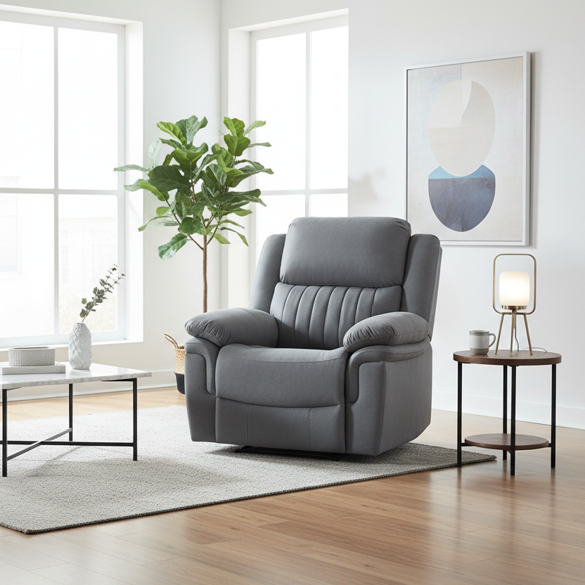 Grey fabric recliner chair in a modern living room with large windows and decor.