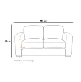 Montana 2 Seater Fabric Sofa front elevation dimension diagram showing 155 cm length, 85 cm depth, 85 cm height and 45 cm seat height