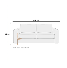 Montana 3 Seater Fabric Sofa front elevation dimension diagram showing 210 cm length, 85 cm depth, 85 cm height and 45 cm seat height