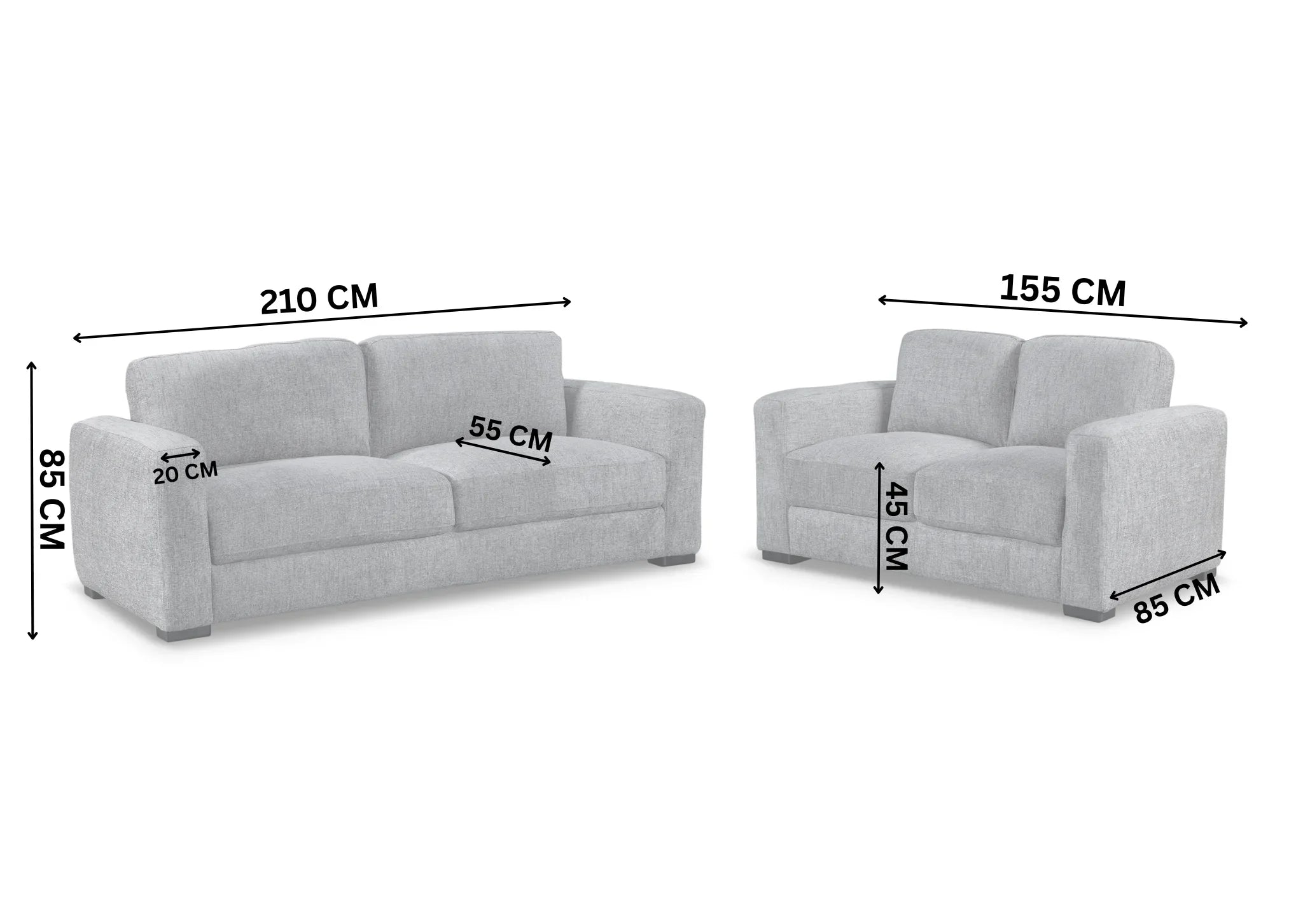 Grey sofa set with dimensions labelled on a white background