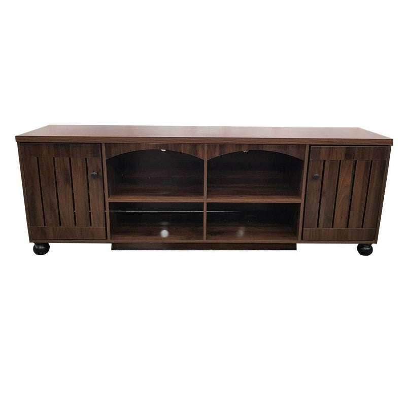 Montego TV Unit by The A2Z Furniture - a sleek and functional TV unit with 2 cabinet doors and 4 open shelves in a darker brown color.