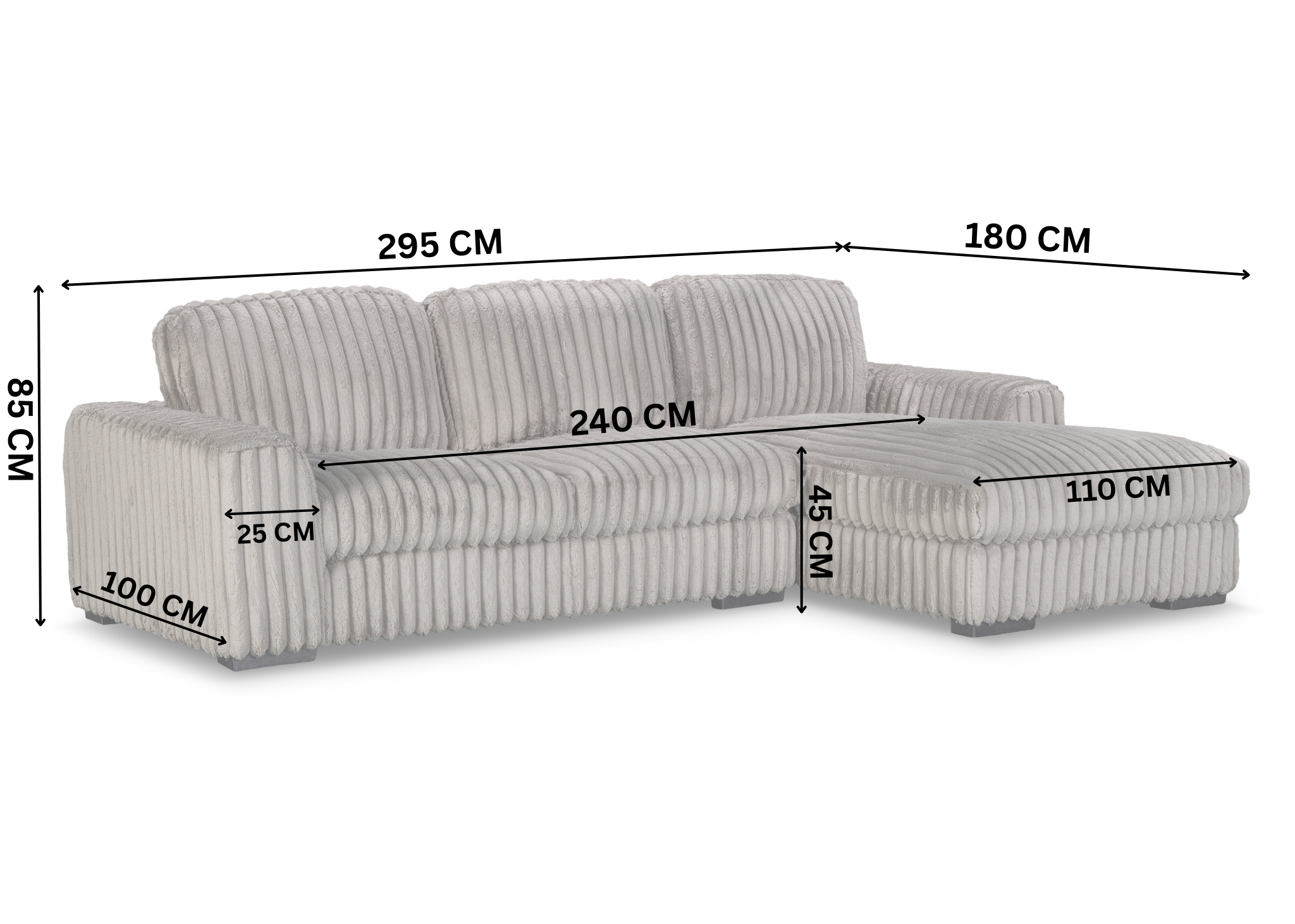 Grey sectional sofa with dimensions marked on a white background