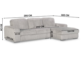 Grey sectional sofa with dimensions marked on a white background