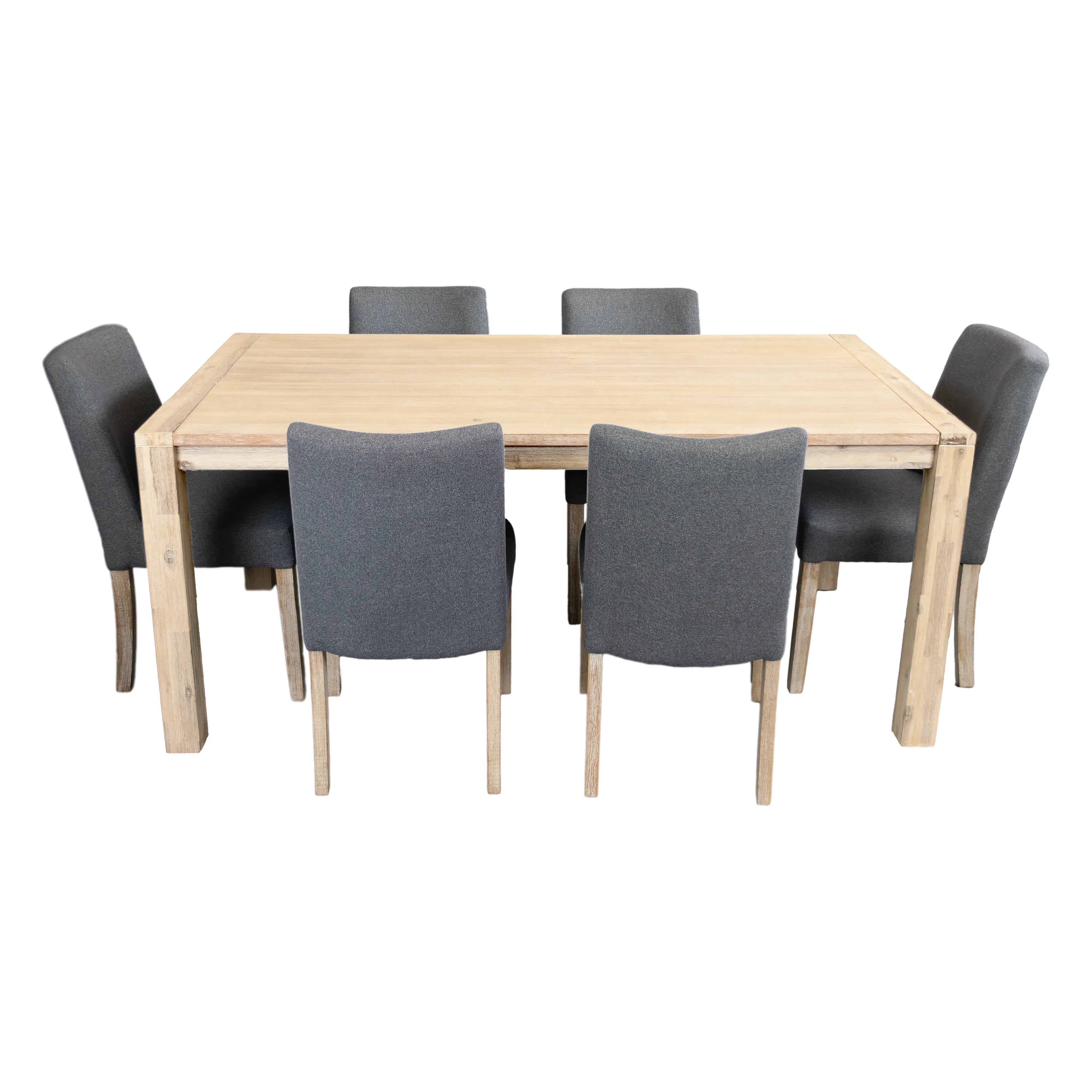 Wooden dining table with six gray chairs on a white background