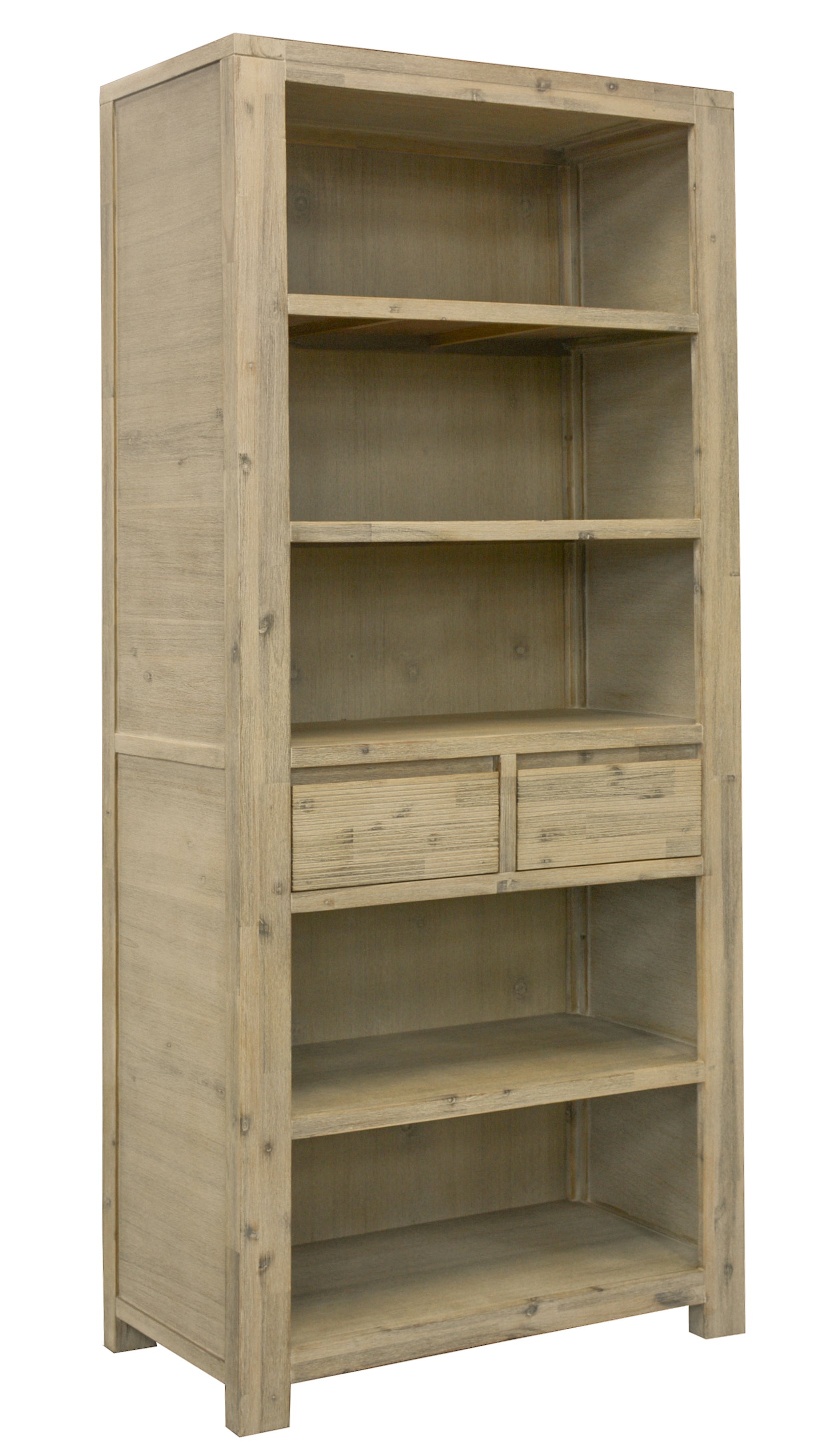 Wooden bookshelf with multiple shelves and drawers on a white background
