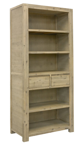 Wooden bookshelf with multiple shelves and drawers on a white background