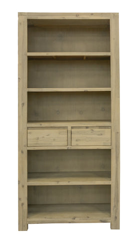 Wooden bookshelf with multiple shelves on a white background