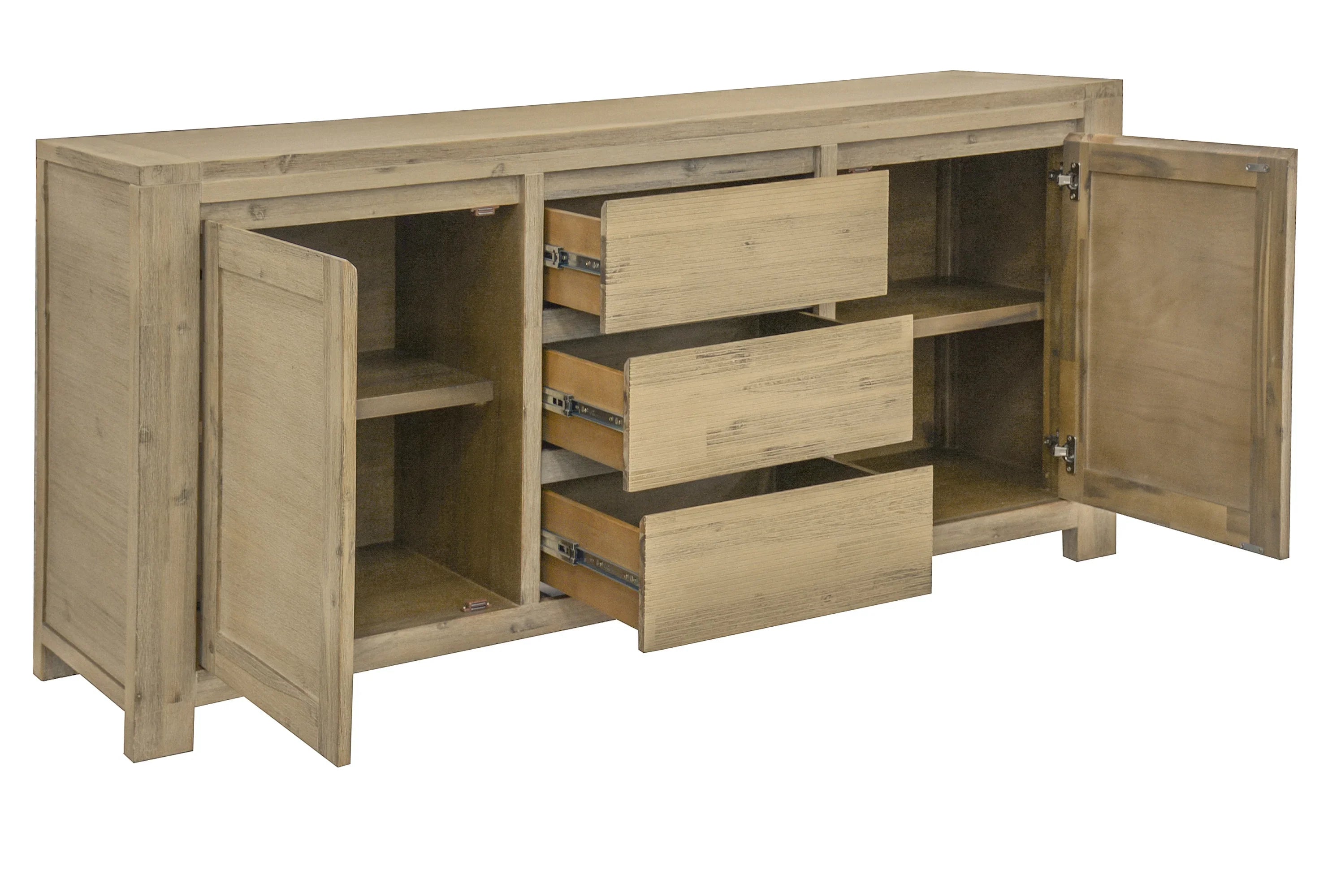 Wooden sideboard with open doors and drawers on a white background