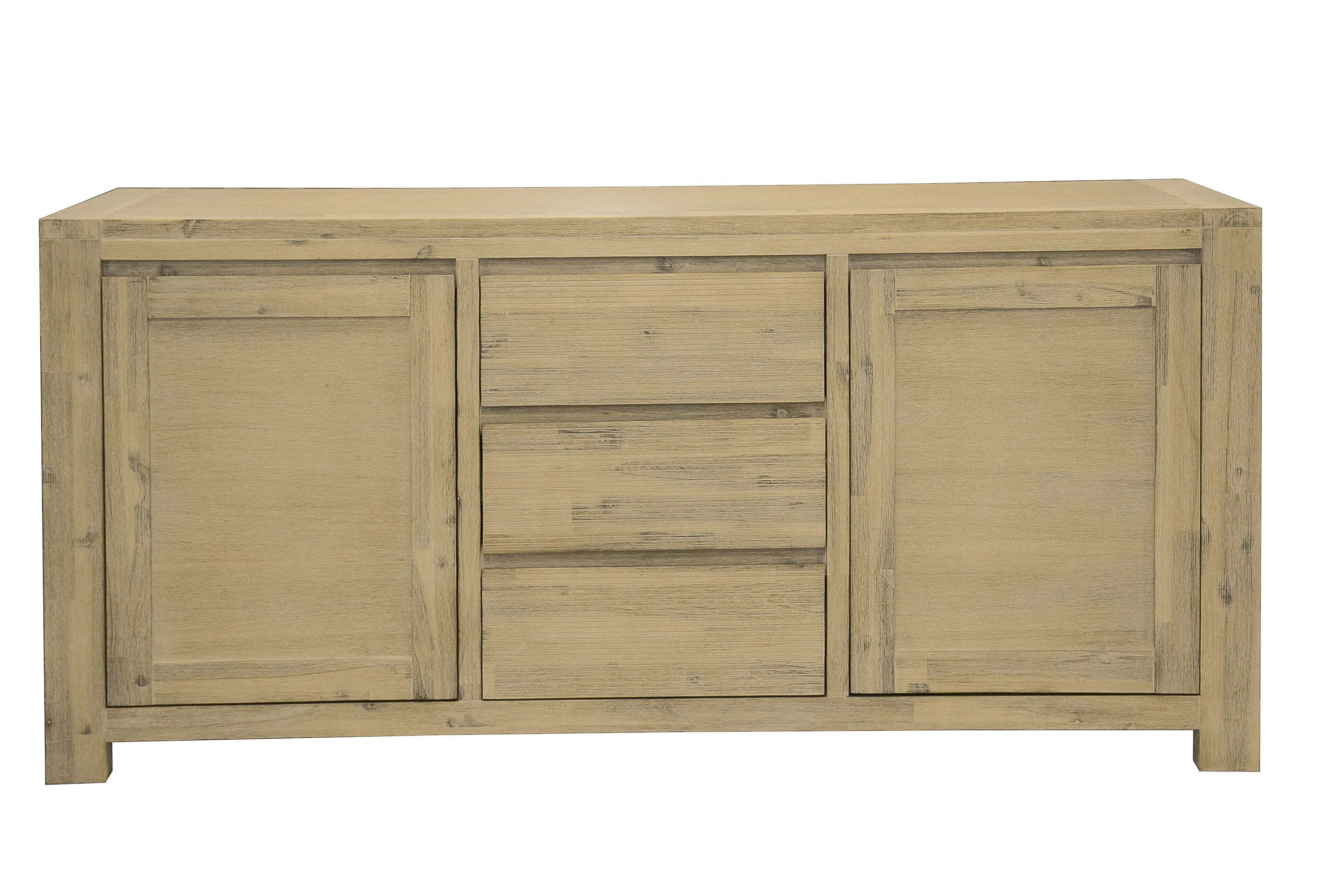Wooden sideboard with sliding doors and drawers on a white background