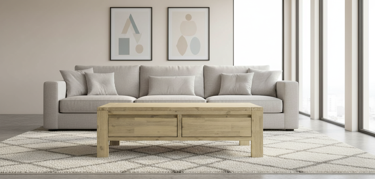 Gray sofa with wooden coffee table in a living room setting