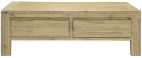 Wooden coffee table with a natural finish on a white background