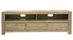 Wooden TV stand with open shelves and drawers on a white background