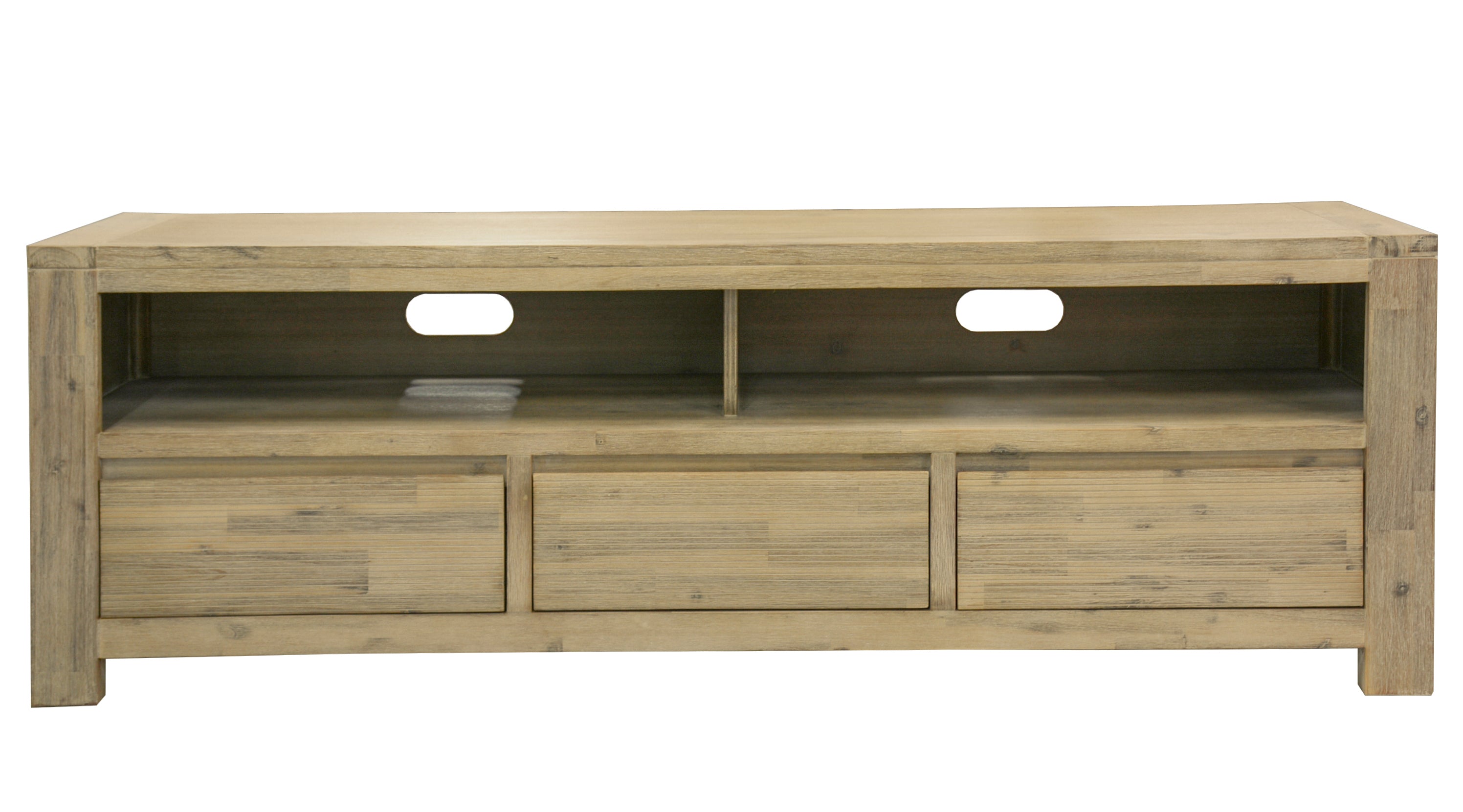 Wooden TV stand with open shelves and drawers on a white background