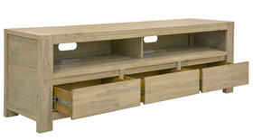 Wooden TV stand with multiple drawers on a white background