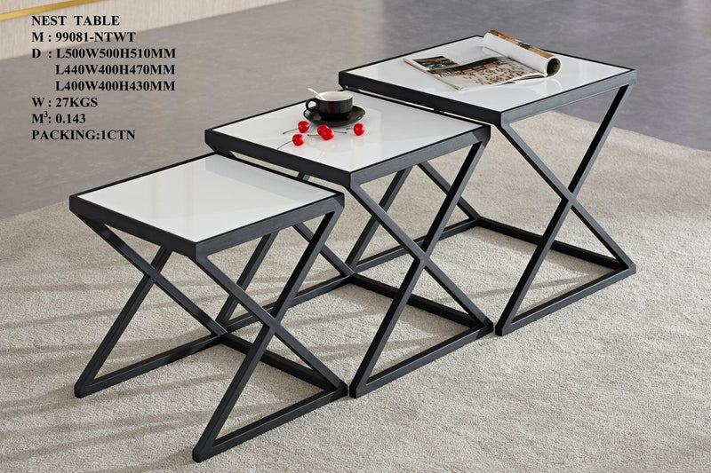 Nest 200 G - Set of Three Square Nesting Tables with Black-Metal Base and White Glass Top - The A2Z Furniture