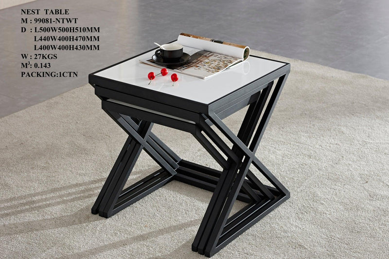 Nest 200 G - Set of Three Square Nesting Tables with Black-Metal Base and White Glass Top - The A2Z Furniture