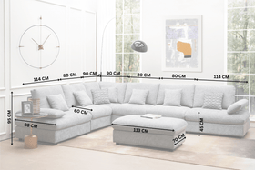 Grey corner sofa in living room with detailed measurements in centimeters.