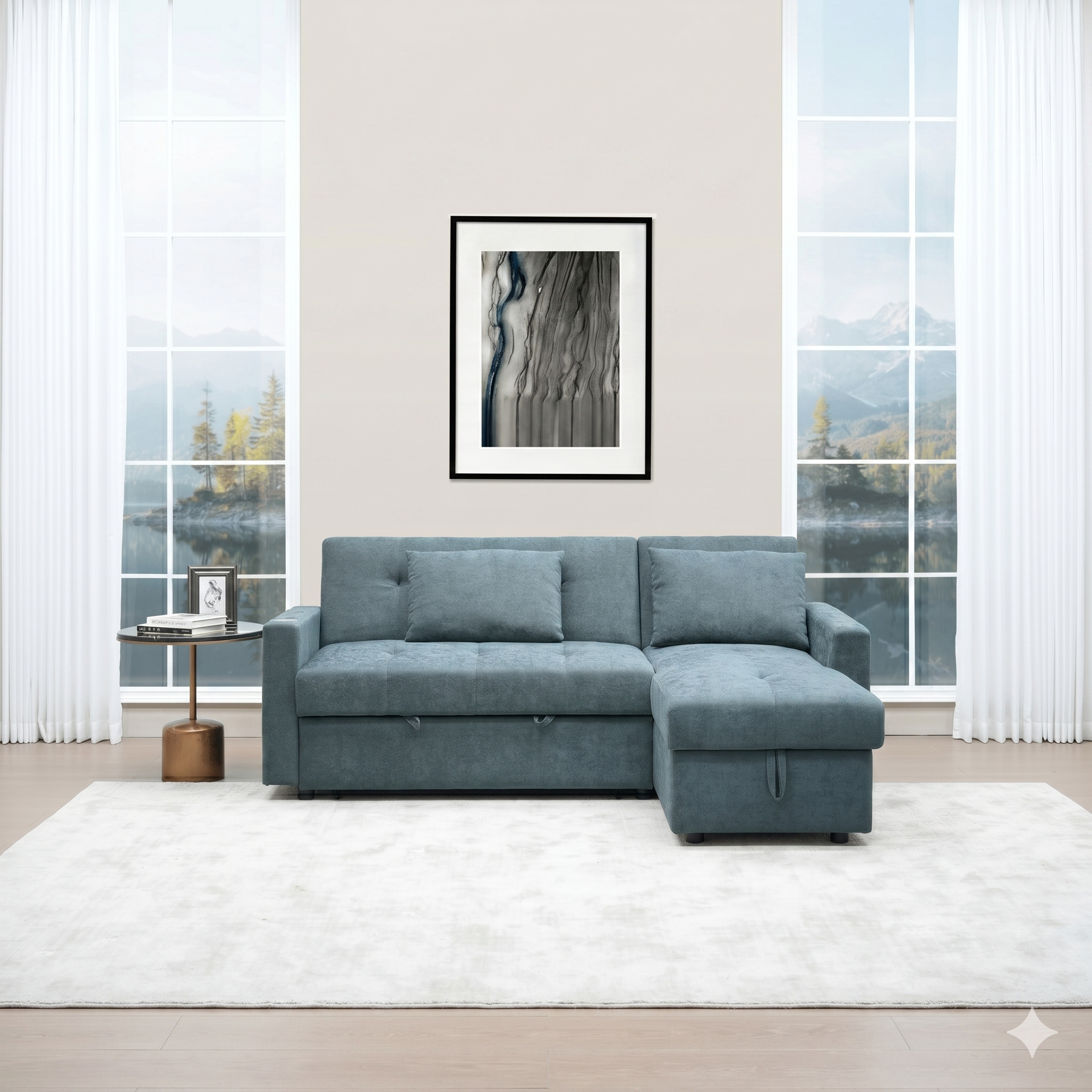 Grey sectional sofa in a living room with large windows and a framed picture on the wall.