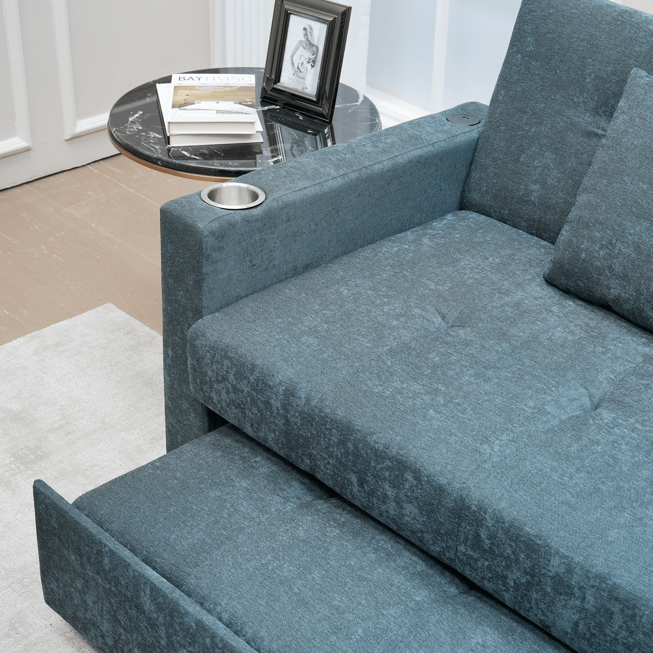 Oasis Sofa Bed with reversible chaise, hidden storage, USB port, and cupholder – available in Dark Grey and Beige at The A2Z Furniture.