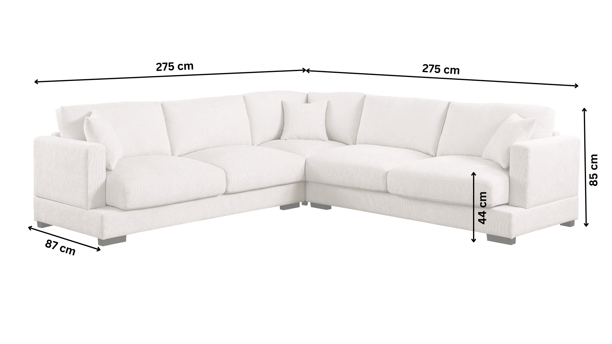 White corner sofa with cushions, labeled measurements 275cm x 275cm, 87cm depth, 85cm height, 44cm seat height.