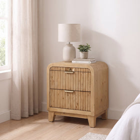 Ollie reclaimed pine 2 drawer bedside table with a lamp in a bright bedroom