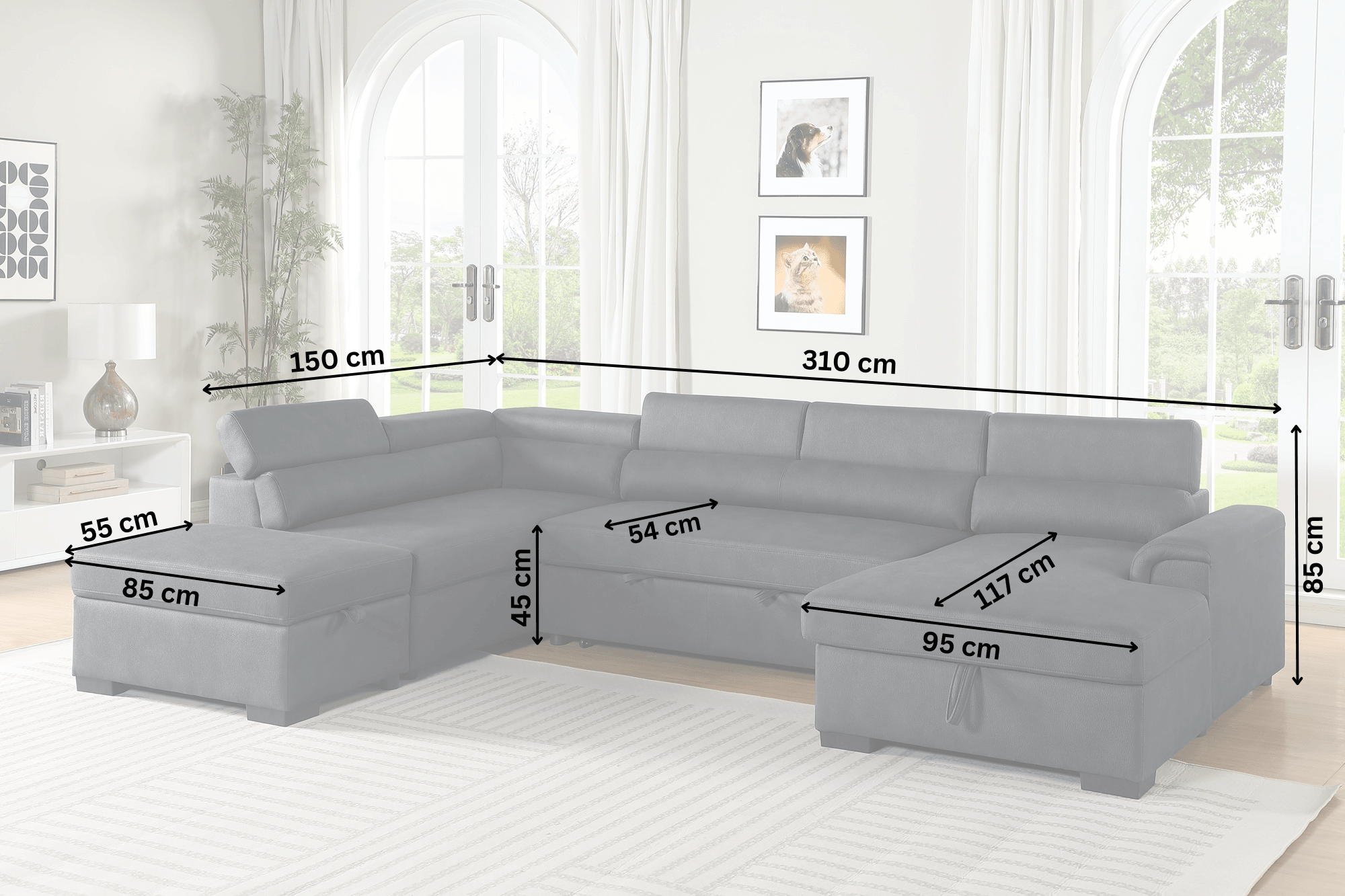 Grey pull-out sofa bed with sectional measurements in centimeters displayed in a living room.